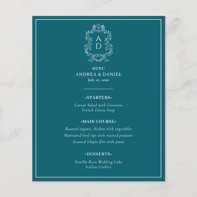 Vintage Elegant Blue With Border Wedding Menu (Frente)