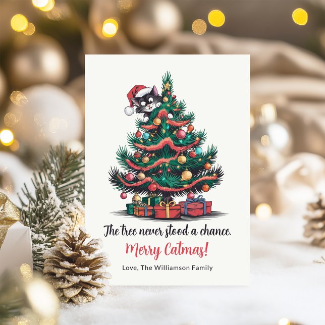 Vintage Engraçado Cartão de Natal (Funny Vintage Cat Christmas Card on a table with Christmas decoration)