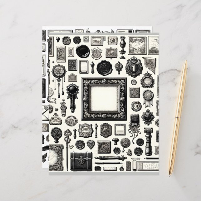 Vintage Ephemera Line Art Cut and Collage Paper (Frente/Verso In Situ)