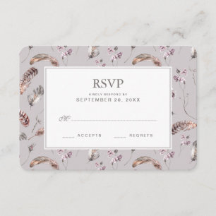 Vintage Feather e Floral Pattern - RSVP de Casamen