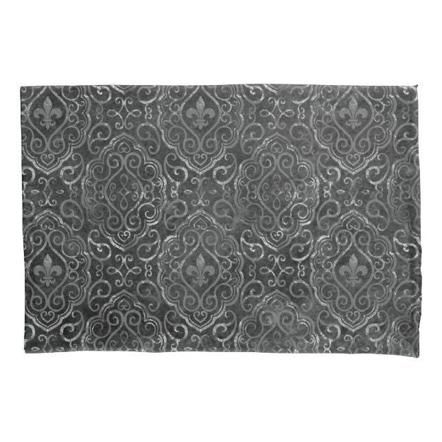 Vintage Fleur de Lis | Black Silver Grunge Damask (Frente)