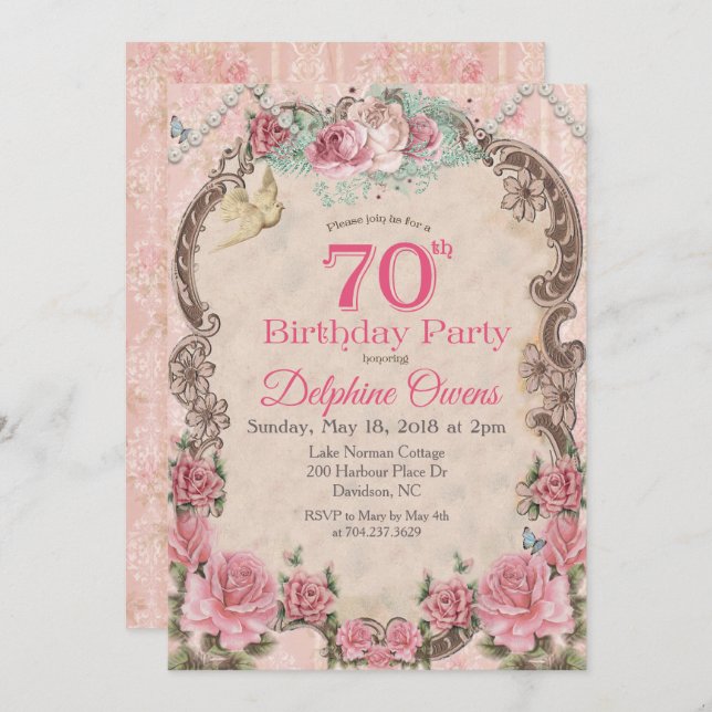 Vintage Floral 70 Birthday Convite (Frente/Verso)