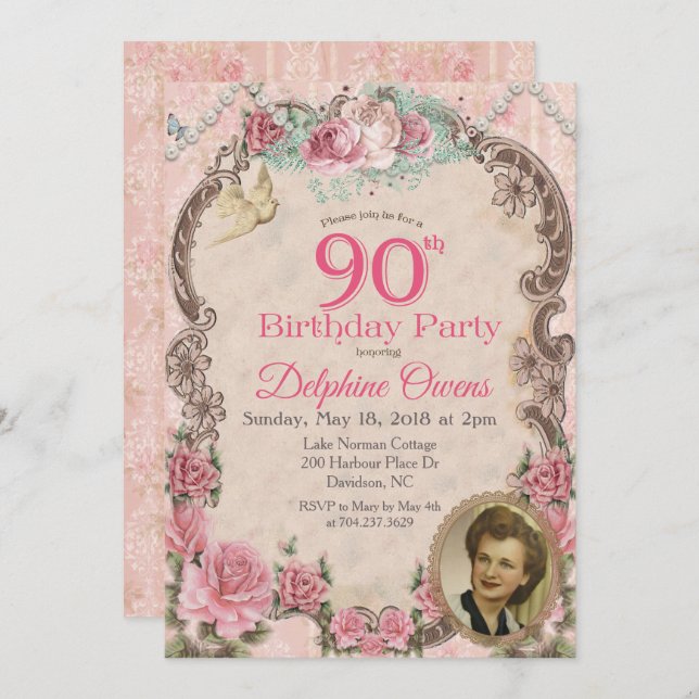 Vintage Floral 90 Birthday Convite (Frente/Verso)