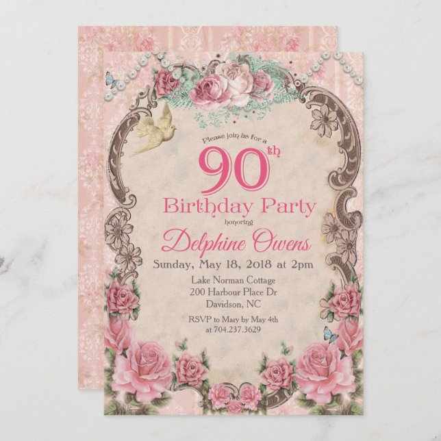 Vintage Floral 90 Birthday Convite (Frente/Verso)