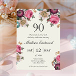 Vintage Floral 90 Birthday Convite<br><div class="desc">Procurando o convite perfeito para sua próxima festa de 90? Não olhe mais do que estes adoráveis convites florais vintage! Com um delicado e belo design com rosas de aquarela bonito, anêmonas e clematis com fontes elegantes, estes convites impressionarão todos os seus convidados. Disponível para personalizar e comprar como convites...</div>