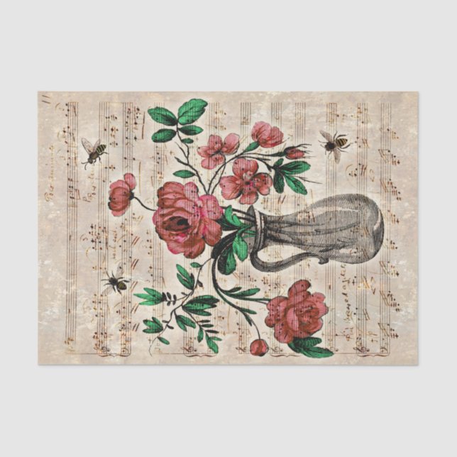 Vintage Floral Bees Música Papel Tecido Ephemera (Frente )