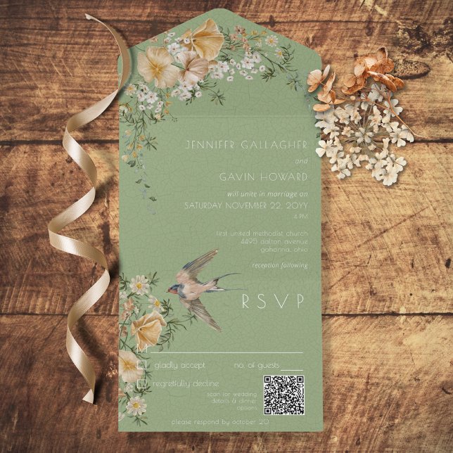Vintage Floral & Bird Sage Green Código QR (Criador carregado)