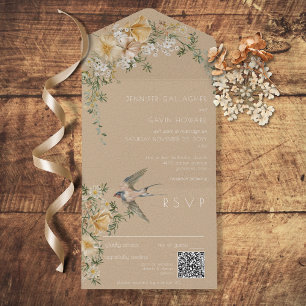 Vintage Floral Bird Tan QR Code