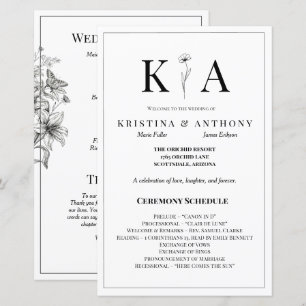 Vintage Floral Black and White Weding Program