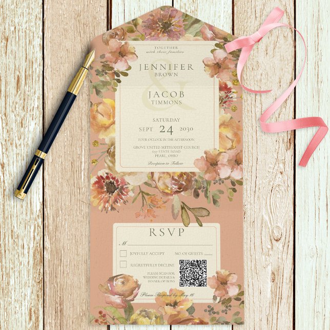 Vintage Floral Blush Pink & Rust Código QR (Criador carregado)