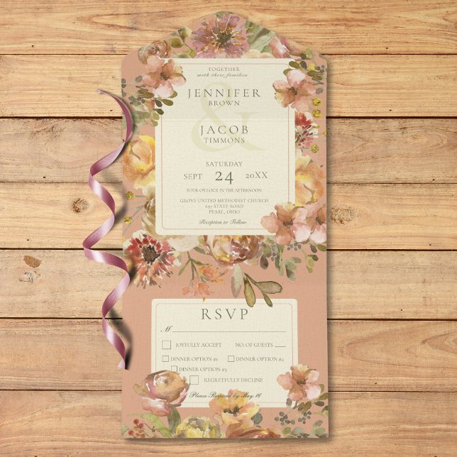 Vintage Floral Blush Pink & Rust Janto Três (Vintage Floral Blush Pink & Rust Three Dinner All In One Invitation)