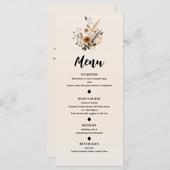 Vintage Floral Bohemian Menu Casamento (Frente/Verso)