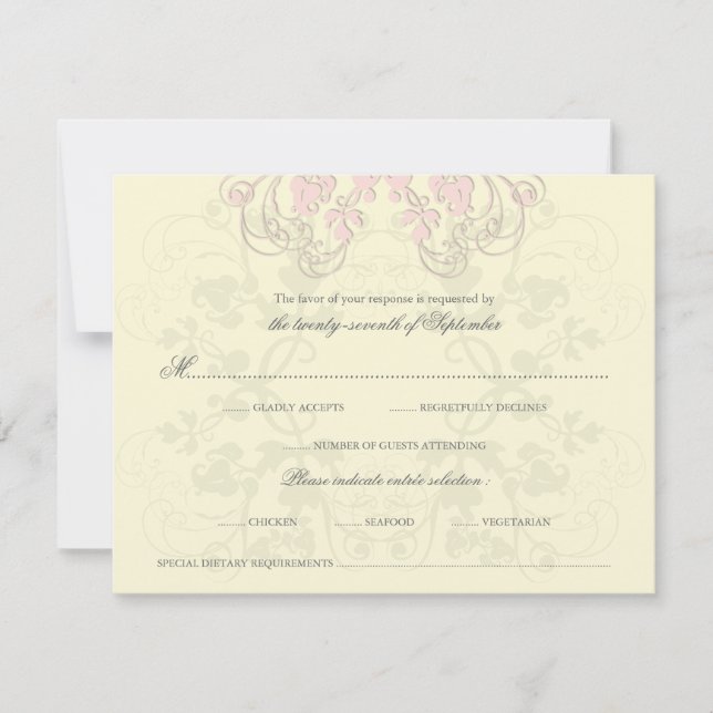 Vintage Floral Flourish Baby Pink RSVP Card (Frente)
