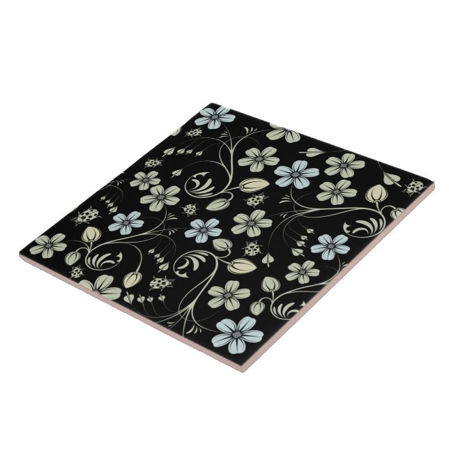 Vintage Floral Pattern with Ladybugs on Black (Lateral)