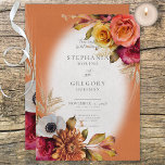 Vintage Floral Rust & Fuchsia Convite Para Casamen<br><div class="desc">Este design de convite para casamento vintage de  apresenta belos arranjos florais de fúcsia,  ouro,  ferrugem,  branco e pêssego com gramíneas secas em um fundo branco e laranja queimado em aflição. Estes tons de joias ricos são perfeitos para o verão e casamentos outono. Criado pela imprensa simplesmente de farmácia.</div>