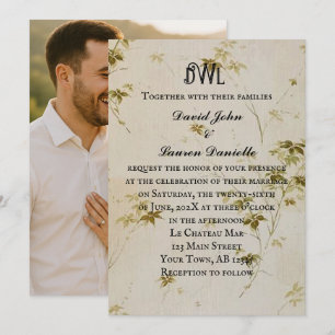 Vintage Floral Sepia Monograma Convite de casament