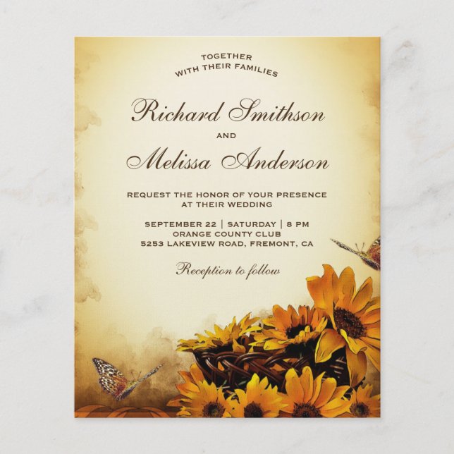 Vintage Floral Sunflower Budget Invitation (Frente)