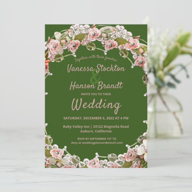 Vintage Floral Wreath Wedation Convite (Em pé/Frente)