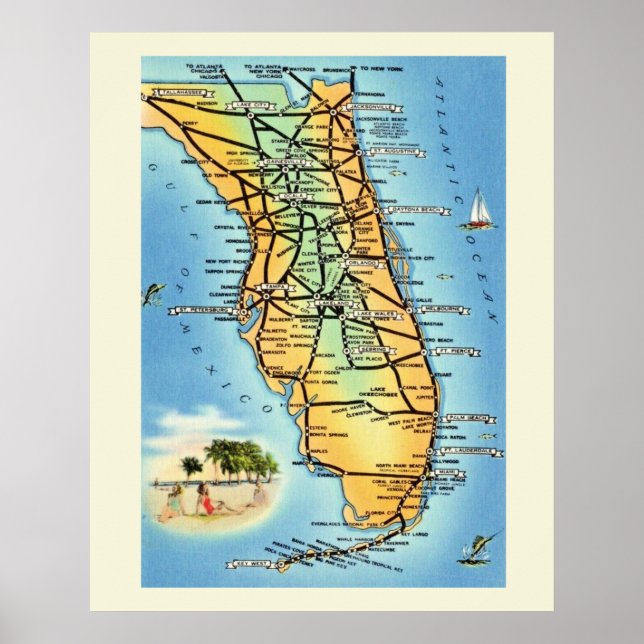 Vintage Florida Road Map Poster Impressão (Frente)