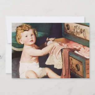 Vintage Fofo Bebê Brincando com Gaveta de Roupas