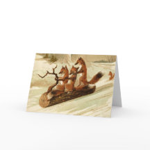 Vintage Foxes Sleding Cartão de Natal