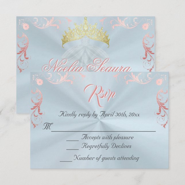 Vintage Frame Quinceanera RSVP - Blue/Rose Gold (Frente/Verso)