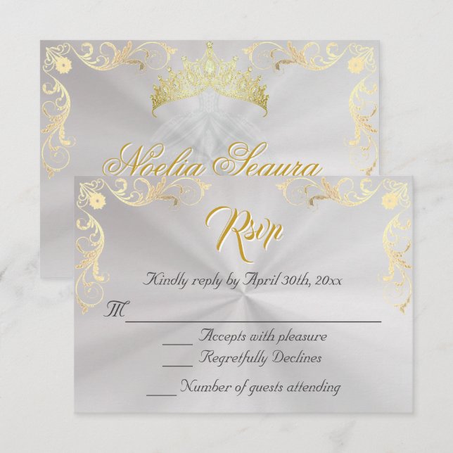 Vintage Frame Quinceanera RSVP - Pearl/Gold (Frente/Verso)