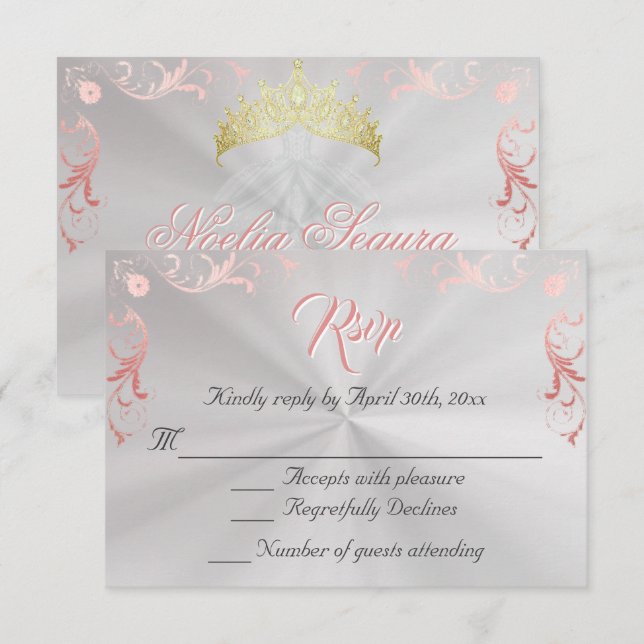 Vintage Frame Quinceanera RSVP - Pearl/Rose Gold (Frente/Verso)