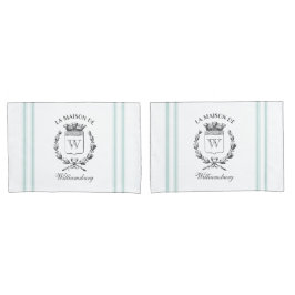 Vintage French Aqua Ticking Family Crest Pillowcas