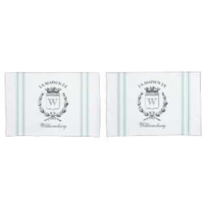 Vintage French Aqua Ticking Family Crest Pillowcas