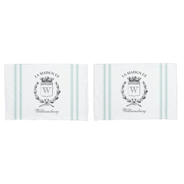 Vintage French Aqua Ticking Family Crest Pillowcas (Frente - conjunto)