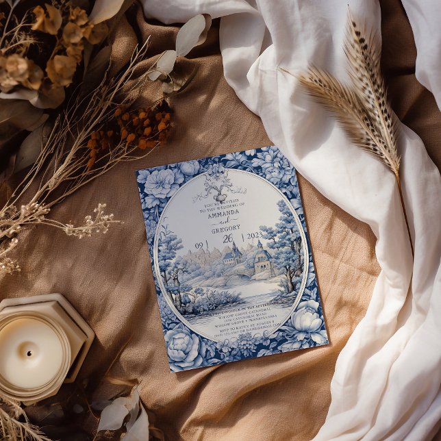 Vintage French Floral Toile Blue Wedding Convite (Criador carregado)