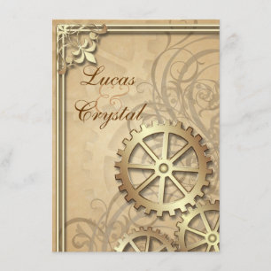 Vintage Gears Dourado Convite para Casamento Steam