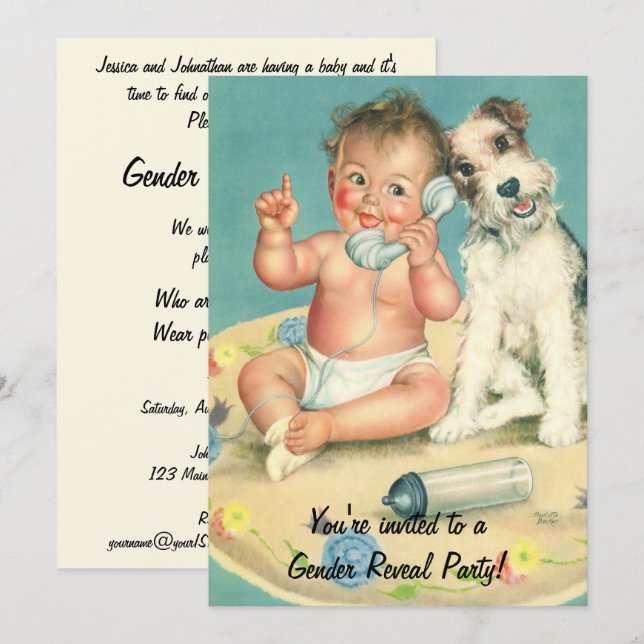 Vintage Gênero Revelar Convite ao Chá de fraldas (Frente/Verso)