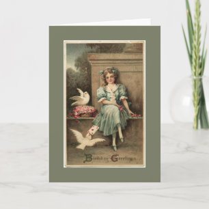 Vintage Girl and Doves Birthday - Cartão de Saudaç