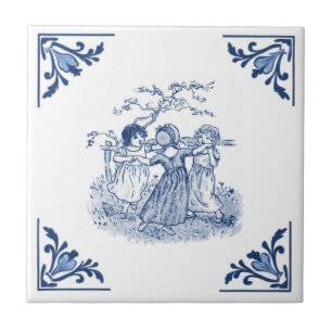 Vintage Girls Dancing Ring Delft Blue & White