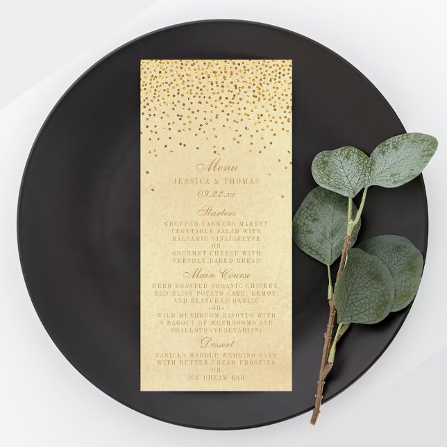 Vintage Glam Dourado Confetti Menu Casamento (Criador carregado)