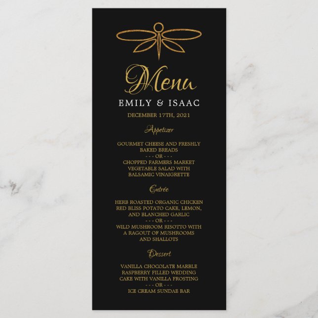 Vintage Gold Foil Dragonfly Menu Casamento (Frente)
