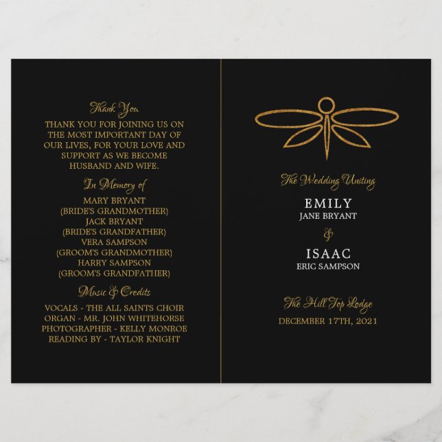 Vintage Gold Foil Dragonfly Weding Program (Frente)
