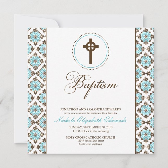 Vintage Grace Baptism Convite (chocolate/aqua) (Frente)