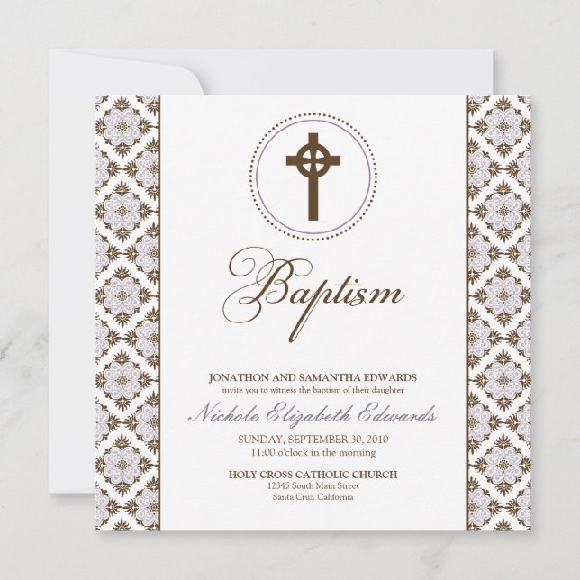 Vintage Grace Baptism Convite (chocolate/lilac) (Frente)