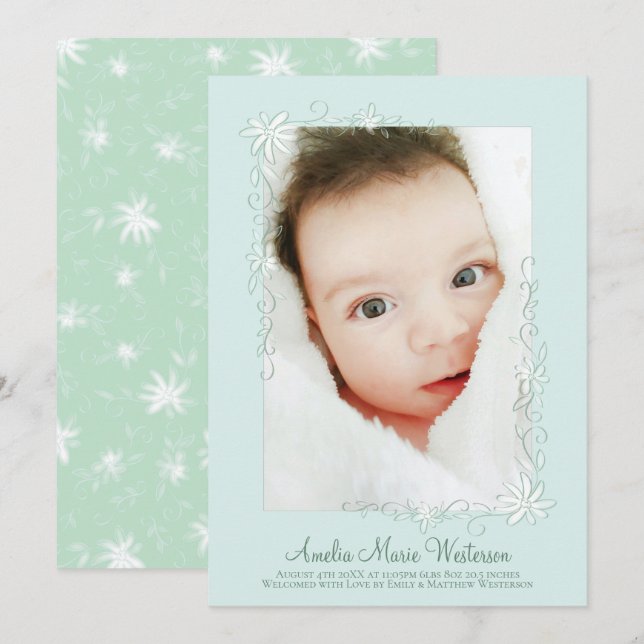 Vintage Green Birth Anúncio de Nascimento Neutro d (Frente/Verso)