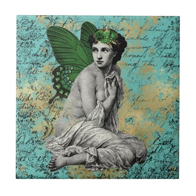 Vintage Green Fairy sobre Aqua Ephemera (Frente)