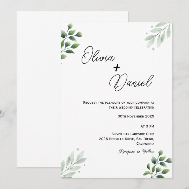 Vintage Greenery Wedding Convite (Frente/Verso)