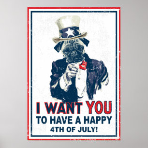Vintage Grunge Tio Sam 4 de julho Pug Poster
