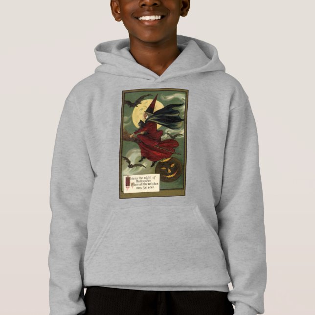 Vintage Halloween Bruxa Andando Broomstick com Cat (Frente)