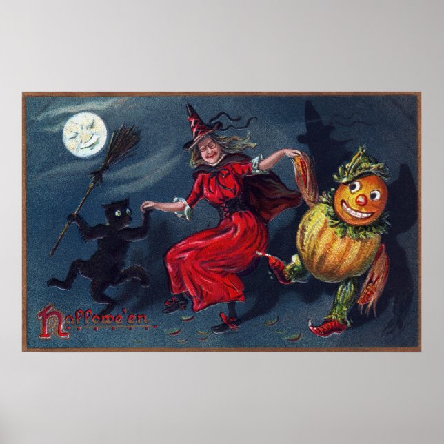 Vintage Halloween bruxa negra gato abóbora poster (Frente)