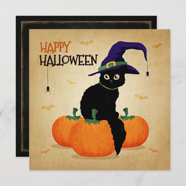 Vintage Halloween Cat e Pumpkins| Convite (Frente/Verso)