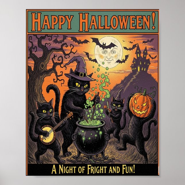 Vintage Halloween Cats Poster (Frente)