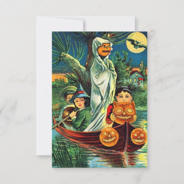 Vintage Halloween Girls And Pumpkins On Boat (Frente)